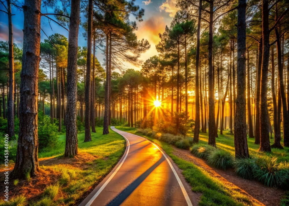 Serene Bicycle Path in Pine Forest at Sunset - Architectural Photography Serene Bicycle Path in Pine Forest at Sunset - Architectural Photography