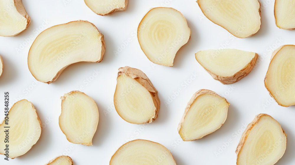 Close-up view of fresh ginger slices against a white backdrop. Close-up view of fresh ginger slices against a white backdrop.
