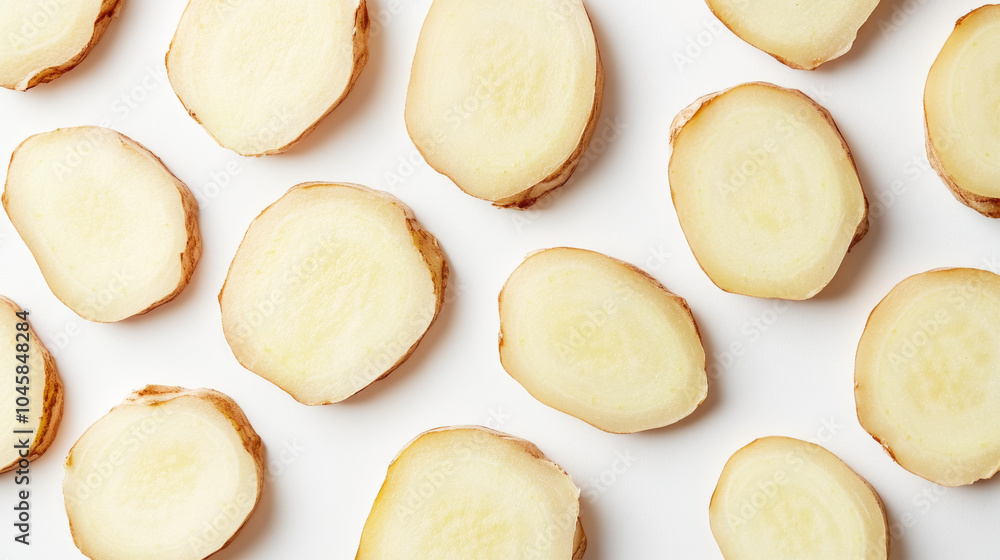 Close-up view of fresh ginger slices against a white backdrop. Close-up view of fresh ginger slices against a white backdrop.