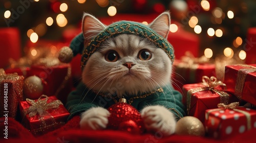 Adorable Cat in Festive Outfit Surrounded by Gifts