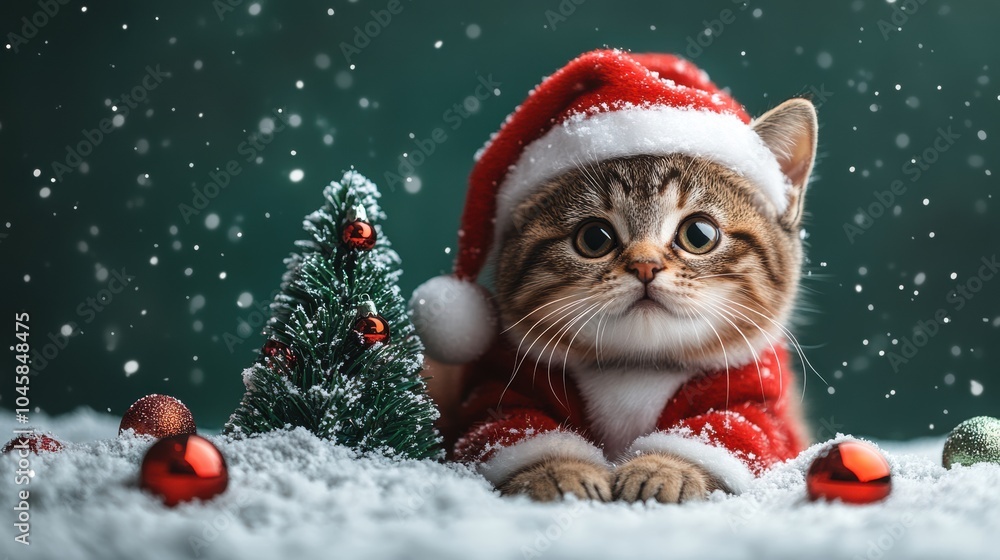 Cute Cat in Christmas Costume with Decorated Tree Cute Cat in Christmas Costume with Decorated Tree