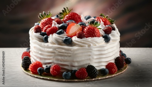 A big cake with whipped cream, decorated with berries