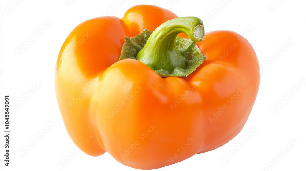 A bright orange bell pepper, perfectly whole and fresh, stands out against a white background. A bright orange bell pepper, perfectly whole and fresh, stands out against a white background.