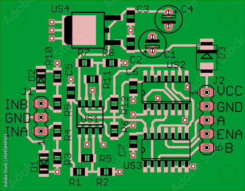Vector printed circuit board of electronic 
device with components of radio elements, 
conductors and contact pads placed on pcb. 
Engineering technical drawing.
Computer technic cad design.