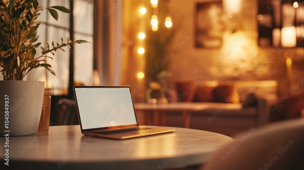 A warm, inviting environment showcases an open laptop on a round table, perfect for evening work or relaxation in a cafe. Generative AI A warm, inviting environment showcases an open laptop on a round table, perfect for evening work or relaxation in a cafe. Generative AI