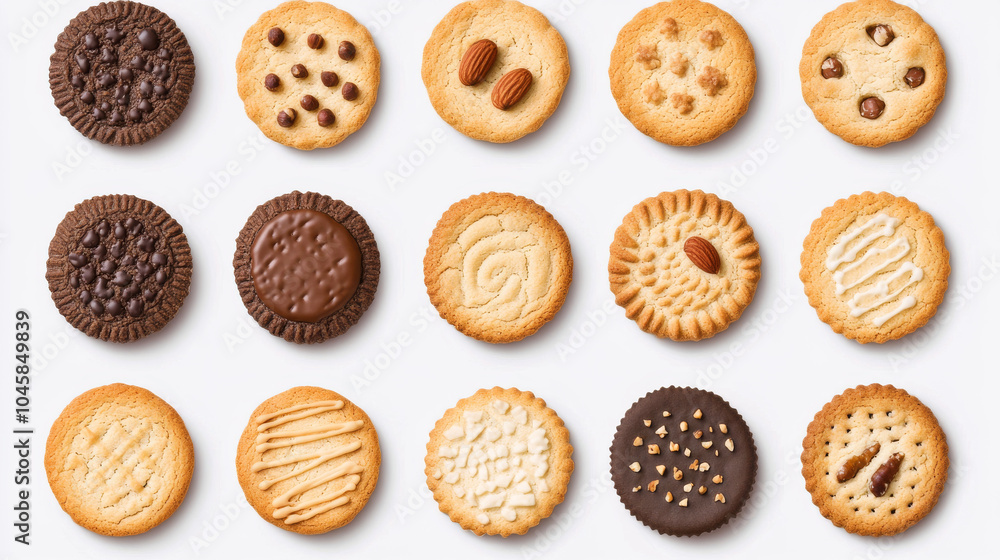 A collection of round cookies and biscuits, including classic and nut varieties,are shown on a white background. They come in many different designs and can be used as templates for creating artwork. A collection of round cookies and biscuits, including classic and nut varieties,are shown on a white background. They come in many different designs and can be used as templates for creating artwork.