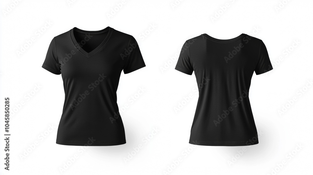 This is a mockup image showing a black women's t-shirt with a V-neck and a slim fit. It's displayed on a white background and can be used to create designs for t-shirts or other apparel. This is a mockup image showing a black women's t-shirt with a V-neck and a slim fit. It's displayed on a white background and can be used to create designs for t-shirts or other apparel.