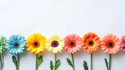 A group of colorful Gerber daisies arranged on a white background.  This image is perfect for creating mockups, artwork, or graphic designs.