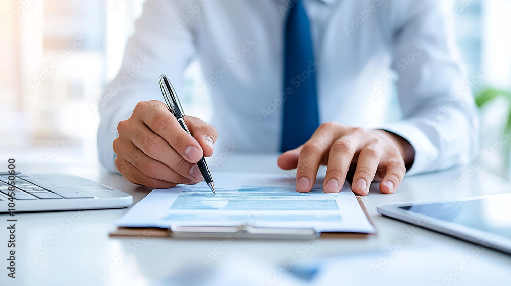 A businessman writes on paper at the table. A businessman writes on paper at the table.