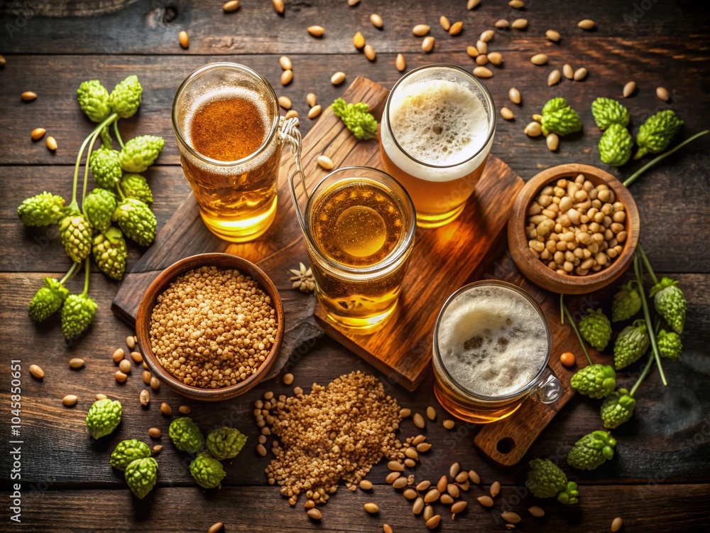 Set of Beer Glasses with Hops and Malt on Bar Counter - Perfect for Sports Bar and Brewery Set of Beer Glasses with Hops and Malt on Bar Counter - Perfect for Sports Bar and Brewery