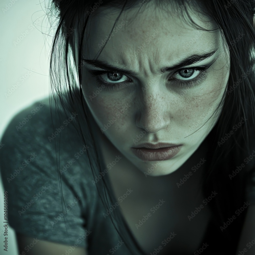 White backdrop, unhappy gal. White backdrop, unhappy gal.