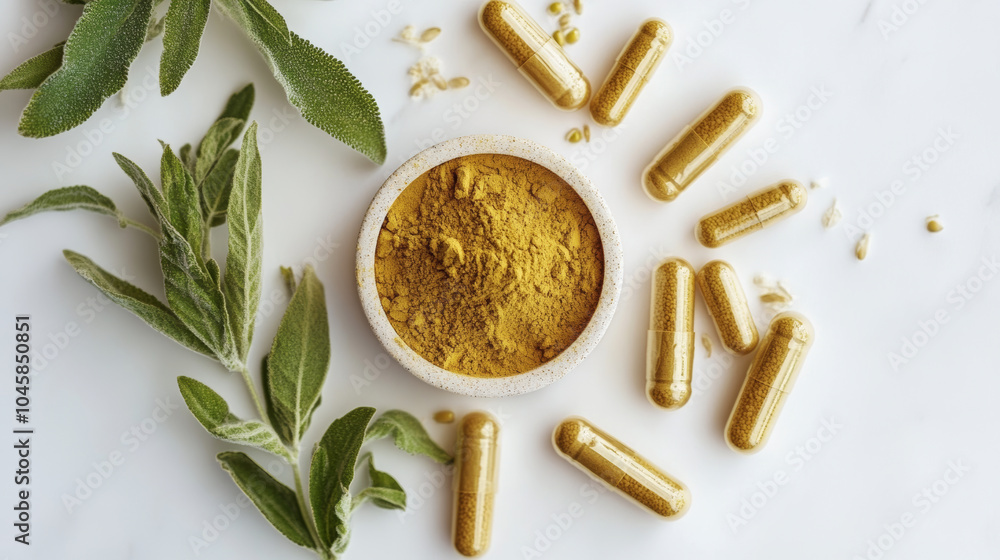 A close-up photo shows Andrographis paniculata powder, capsules, and a fresh plant, all set against a white background. There's plenty of empty space around them. A close-up photo shows Andrographis paniculata powder, capsules, and a fresh plant, all set against a white background. There's plenty of empty space around them.