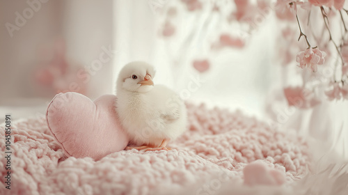 Wallpaper Mural Cute little white chick rests on a soft pink knitted blanket with a heart, savoring a warm and tender moment Torontodigital.ca