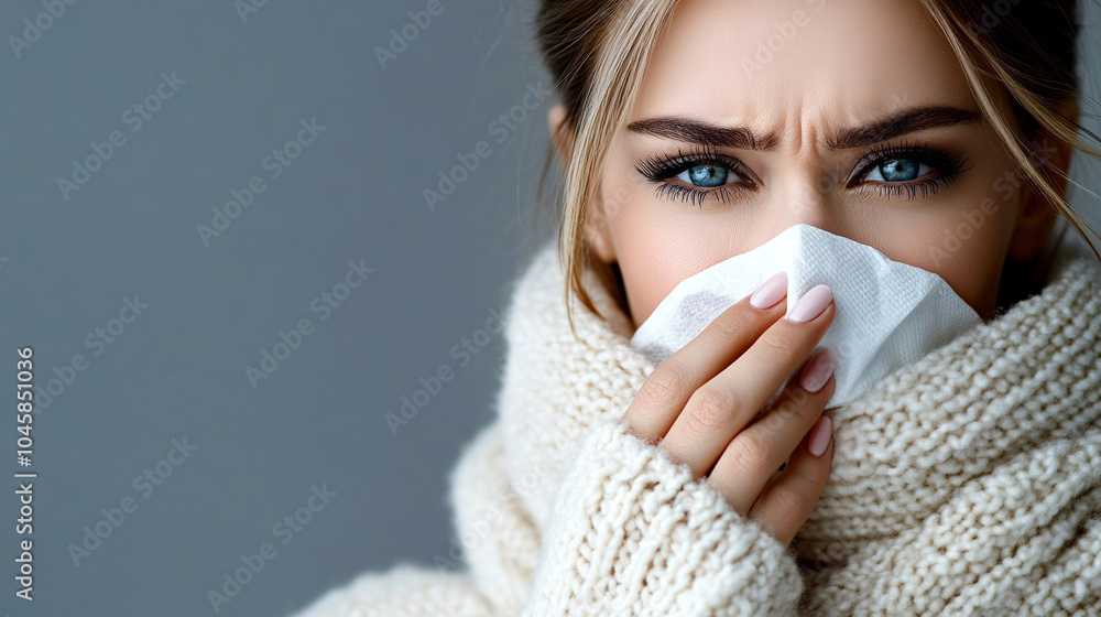 A woman sneezes into a handkerchief, showing symptoms of a cold or flu. A woman sneezes into a handkerchief, showing symptoms of a cold or flu.