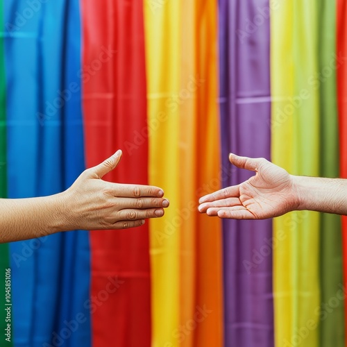 LGBTQ flags backdrop, male and female hands fight gender bias. photo