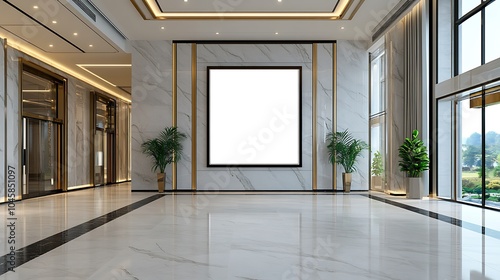 Digital signage on a luxury hotel with marble exterior The blank digital screen sits on the marble facade of a luxury hotel, adding a modern touch to the traditional, elegant materials of the building