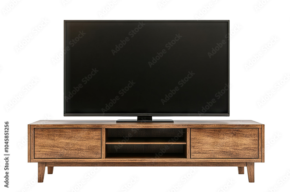 Large flat-screen TV on a modern wooden stand, isolated on transparent cutout background Large flat-screen TV on a modern wooden stand, isolated on transparent cutout background