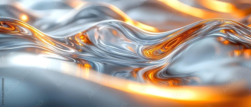 Abstract wave-like patterns of silver and orange light, creating a dynamic and fluid aesthetic. The smooth surfaces reflect light beautifully, enhancing depth. Abstract wave-like patterns of silver and orange light, creating a dynamic and fluid aesthetic. The smooth surfaces reflect light beautifully, enhancing depth.