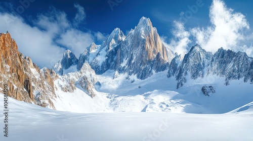 A panoramic view of snow-capped mountains with a clear blue sky and fluffy clouds.