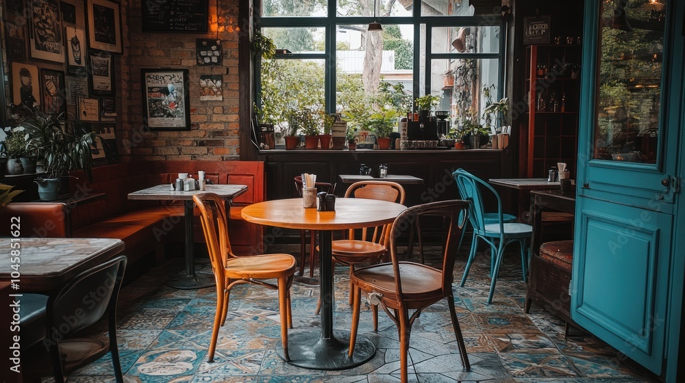 A cozy cafe interior with wooden tables and chairs, a tiled floor, and a large window overlooking a green courtyard. A cozy cafe interior with wooden tables and chairs, a tiled floor, and a large window overlooking a green courtyard.