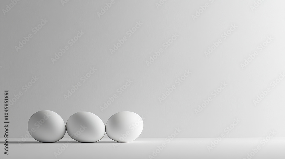 White eggs set against a plain white backdrop. White eggs set against a plain white backdrop.
