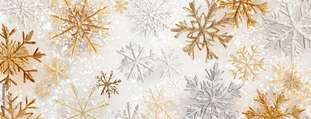 Delicate seamless pattern of gold and silver snowflakes falling gracefully against a snowy background, creating a festive winter scene perfect for holiday designs and Christmas decorations Delicate seamless pattern of gold and silver snowflakes falling gracefully against a snowy background, creating a festive winter scene perfect for holiday designs and Christmas decorations