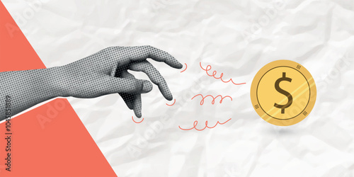 Contemporary Halftone Collage Hand for investments concept, marketing, trading. Online Stock banner with finance elements, coins, money. Vertical invest or business poster. Vector illustration.