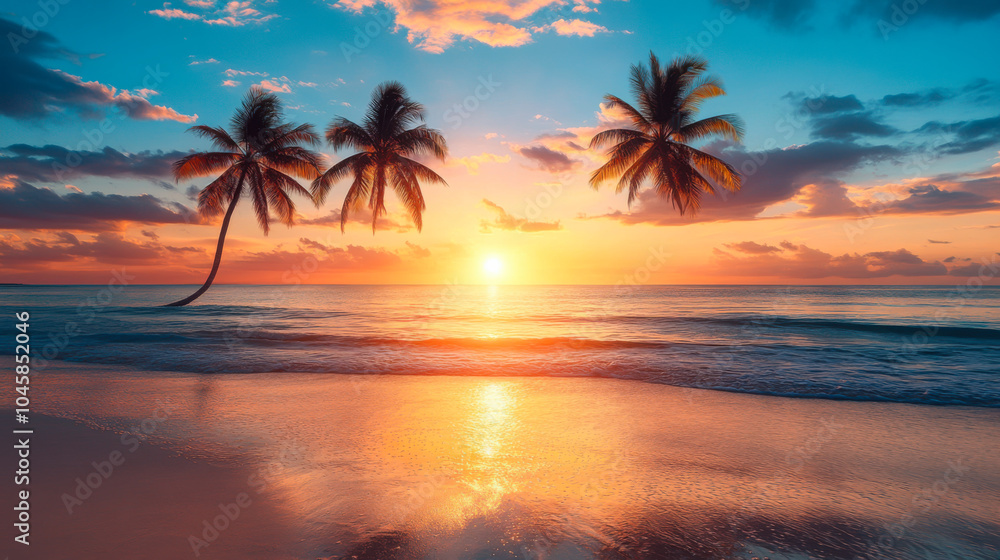 Obraz premium Vibrant sunset over a tropical beach with silhouetted palm trees reflecting on the calm water