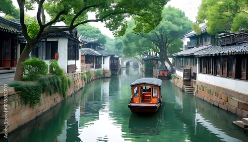 The serene beauty of classical Suzhou gardens, with traditional vessels gracefully docked. photo