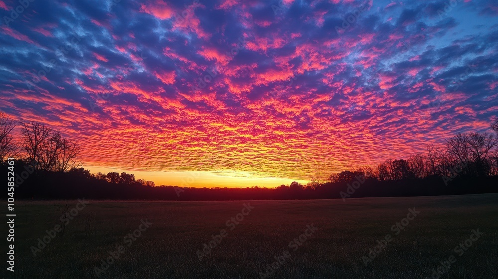 Fototapeta premium A breathtaking sunrise with vibrant pink and orange clouds over a field, creating a stunning display of color in the sky.
