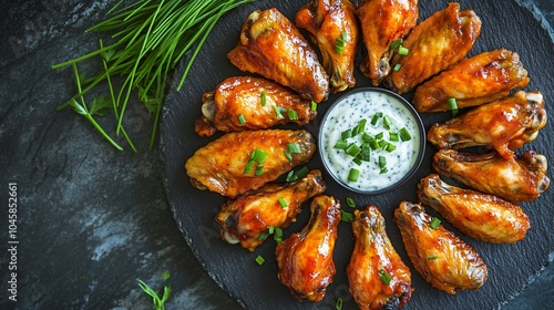 Buffalo wings arranged in a circular pattern, isolated on a black granite plate, with a side of blue cheese dip and fresh chives photo