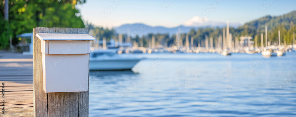 Fototapeta premium White mailbox on a wooden pier at an upscale marina, with sailboats and yachts docked in the background