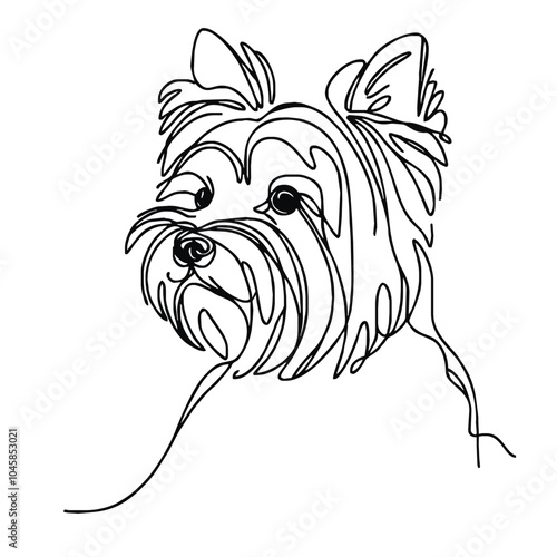 A simple continuous line drawing of a dog of the breed Yorkshire Terrier. The artwork is minimalistic, capturing the essence of the object with a single unbroken line