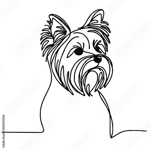 A simple continuous line drawing of a dog of the breed Yorkshire Terrier. The artwork is minimalistic, capturing the essence of the object with a single unbroken line