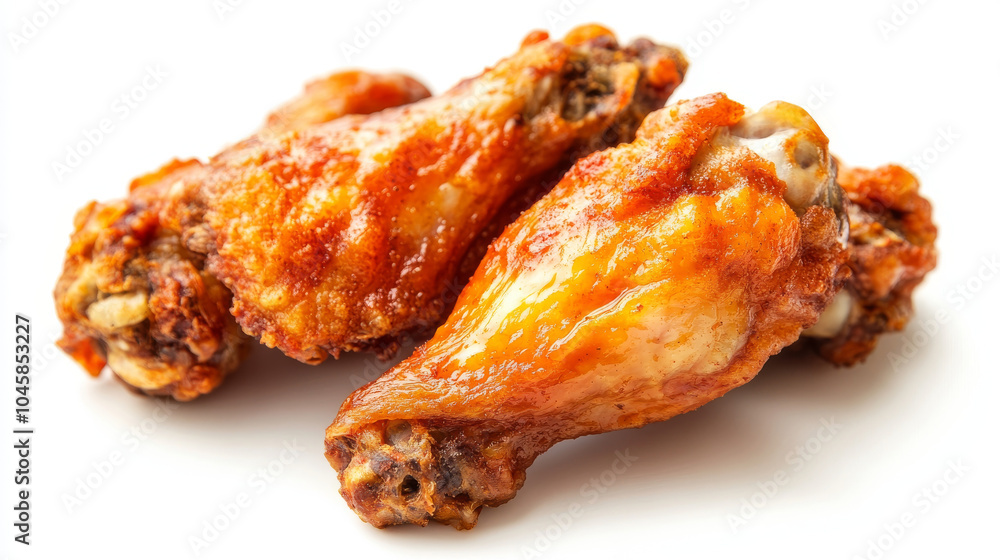 A crispy fried chicken wing, all by itself, against a plain white background. A crispy fried chicken wing, all by itself, against a plain white background.