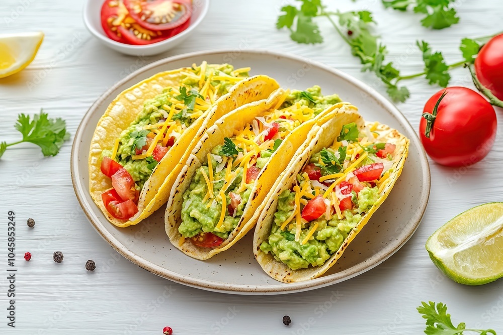 Vegetarian tacos with guacamole, cheese and tomatoes on a plate Vegetarian tacos with guacamole, cheese and tomatoes on a plate
