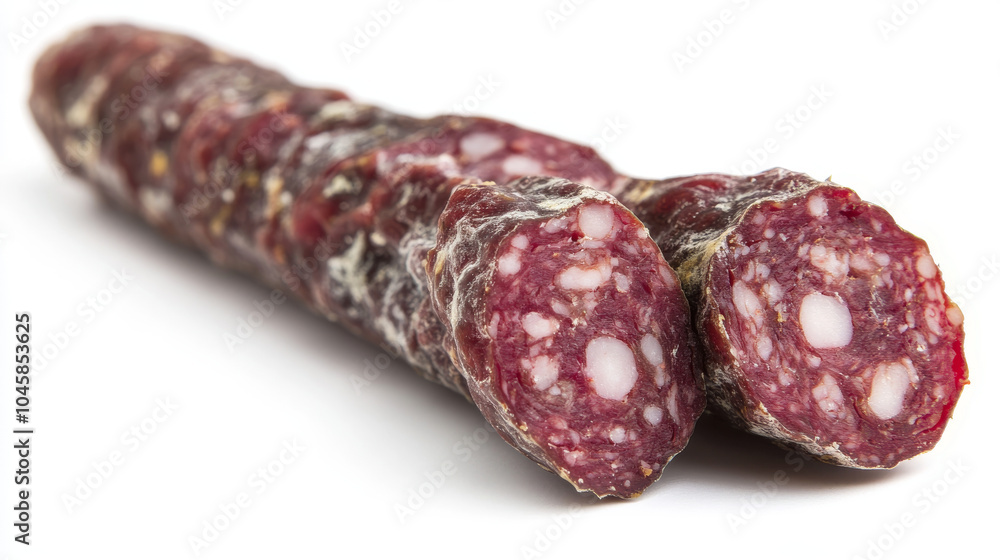 A close-up of a Chinese sausage, clearly separated from a white background. A close-up of a Chinese sausage, clearly separated from a white background.