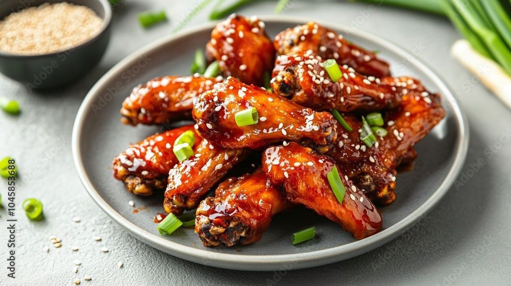 Buffalo wings in a sweet chili glaze, isolated on a light gray ceramic plate, garnished with sesame seeds and spring onions Buffalo wings in a sweet chili glaze, isolated on a light gray ceramic plate, garnished with sesame seeds and spring onions