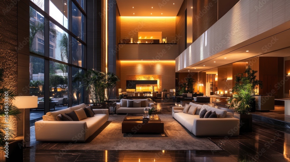 A modern hotel lobby with large windows, plush seating, and warm lighting.