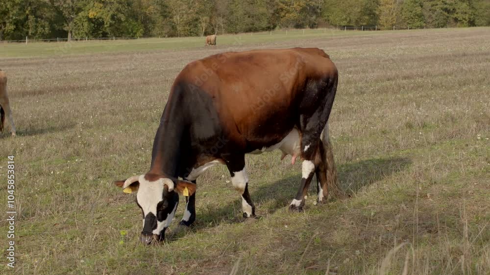 A brown cow grazes peacefully in a lush green field, showcasing the essence of rural life and natures beauty A brown cow grazes peacefully in a lush green field, showcasing the essence of rural life and natures beauty