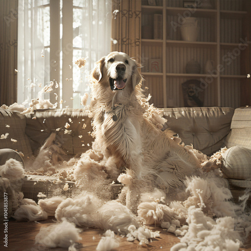 Labrador dog sitting between the fibers of a torn couch and cushions. separation anxiety in a dog. leaving a dog alone at home. dog chewing furniture