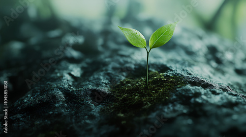 Close-up of a small plant growing in dark soil.