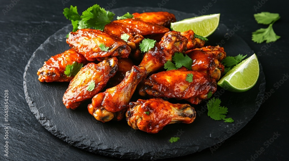 Buffalo wings tossed in a chipotle sauce, isolated on a dark slate plate, with lime wedges and cilantro leaves as garnish Buffalo wings tossed in a chipotle sauce, isolated on a dark slate plate, with lime wedges and cilantro leaves as garnish