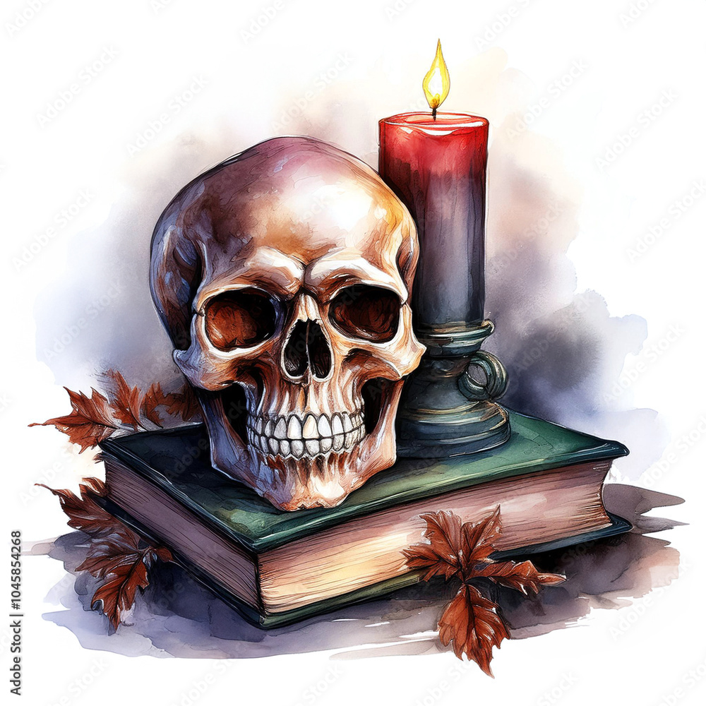 Spooky Halloween skull lying on book, and candle painted in watercolor on white background, perfect for holiday cards and seasonal artwork
Spooky Halloween skull lying on book, and candle painted in watercolor on white background, perfect for holiday cards and seasonal artwork