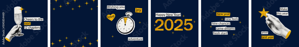 Obraz premium New year halftone collage cards, poster templates set. Cut out of magazine shapes, clipping paper stickers, gold glitter texture, inspirational quotes. Modern retro vector illustration