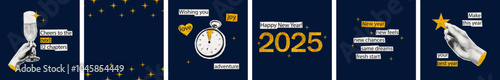 New year halftone collage cards, poster templates set. Cut out of magazine shapes, clipping paper stickers, gold glitter texture, inspirational quotes. Modern retro vector illustration