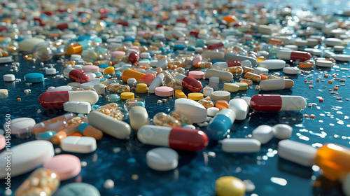 Different pills and medications scattered on a blue surface. They include antibiotics, first aid supplies, generic drugs, and emergency medications. This is a 3D image.