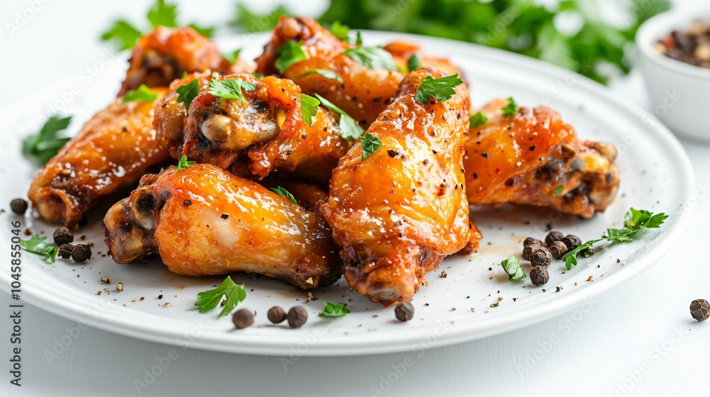 Buffalo wings with a peppercorn crust, isolated on a white ceramic plate, garnished with peppercorns and chopped parsley Buffalo wings with a peppercorn crust, isolated on a white ceramic plate, garnished with peppercorns and chopped parsley