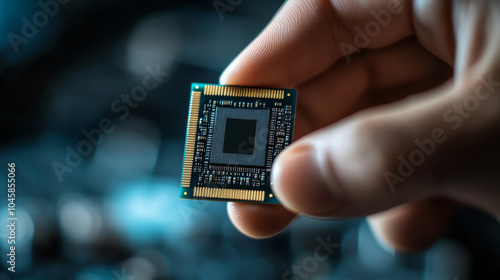 A hand holding an AI chip represents the power of artificial intelligence in areas like cybersecurity, digital transformation, finance, and document management. photo