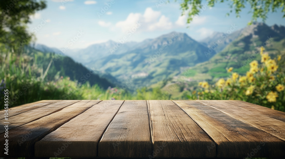 A beautiful, empty wooden table sits in front of a blurry summer scene. Green mountains and a blue sky create a peaceful backdrop. This image is perfect for showcasing products. A beautiful, empty wooden table sits in front of a blurry summer scene. Green mountains and a blue sky create a peaceful backdrop. This image is perfect for showcasing products.